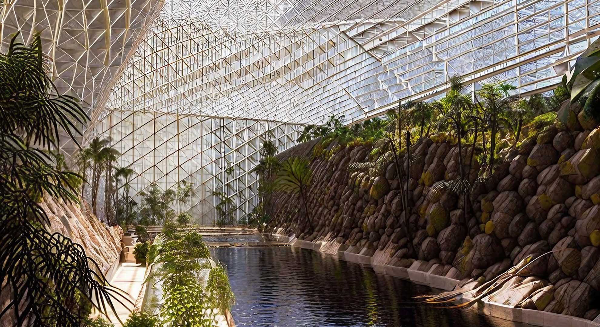 Replanteamiento de la fachada de Biosphere 2 en la serie ReSkin, que muestra la aplicación de inteligencia artificial en diseño arquitectónico.