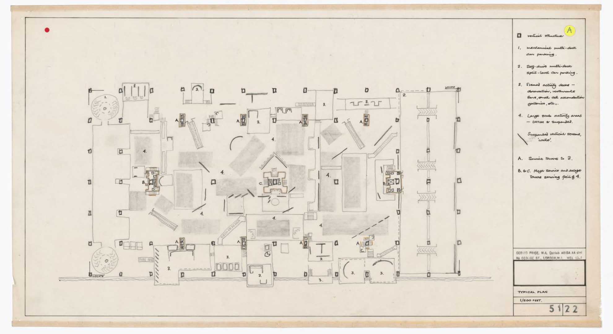 Diagrama del plan del Fun Palace de 1963 por Cedric Price, que inspiró la integración de inteligencia artificial en arquitectura.