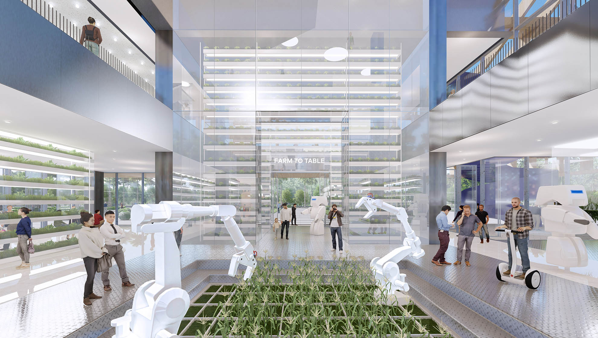 Interior of Sanya Farm Lab showcasing agricultural robotics and vertical farming, merging technology and tradition in a sustainable research environment.