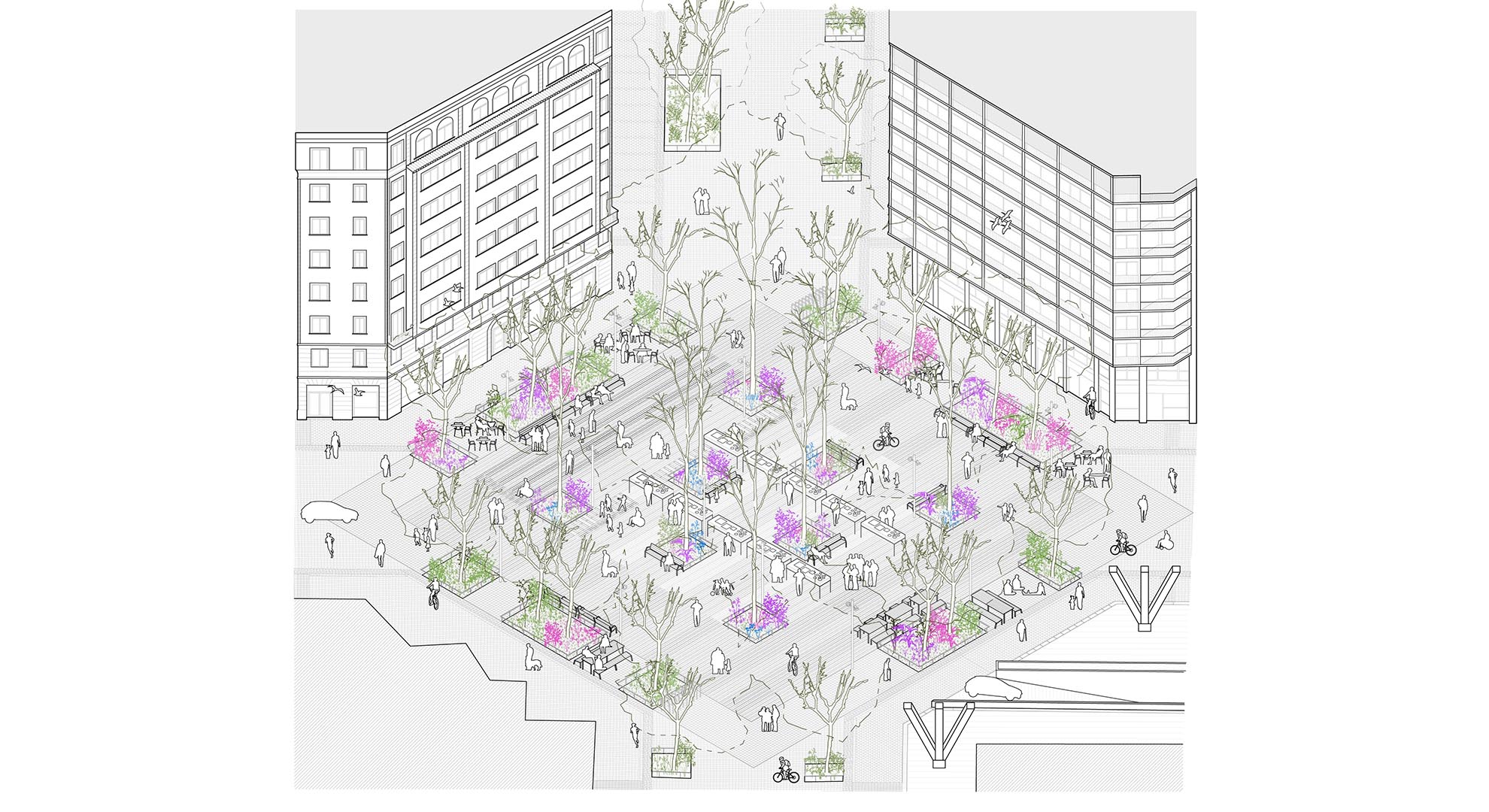 Ilustración arquitectónica de plaza pública con árboles y mobiliario en diseño urbano