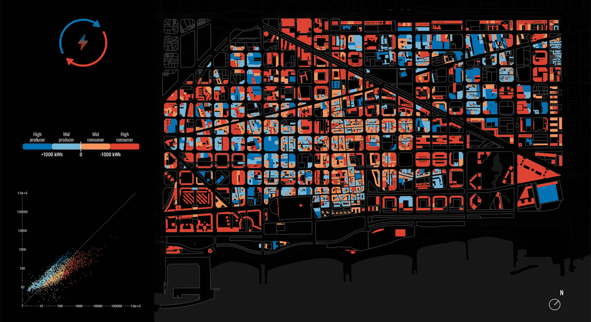 Mapa de consumo y producción de energía en un área urbana utilizando IA.