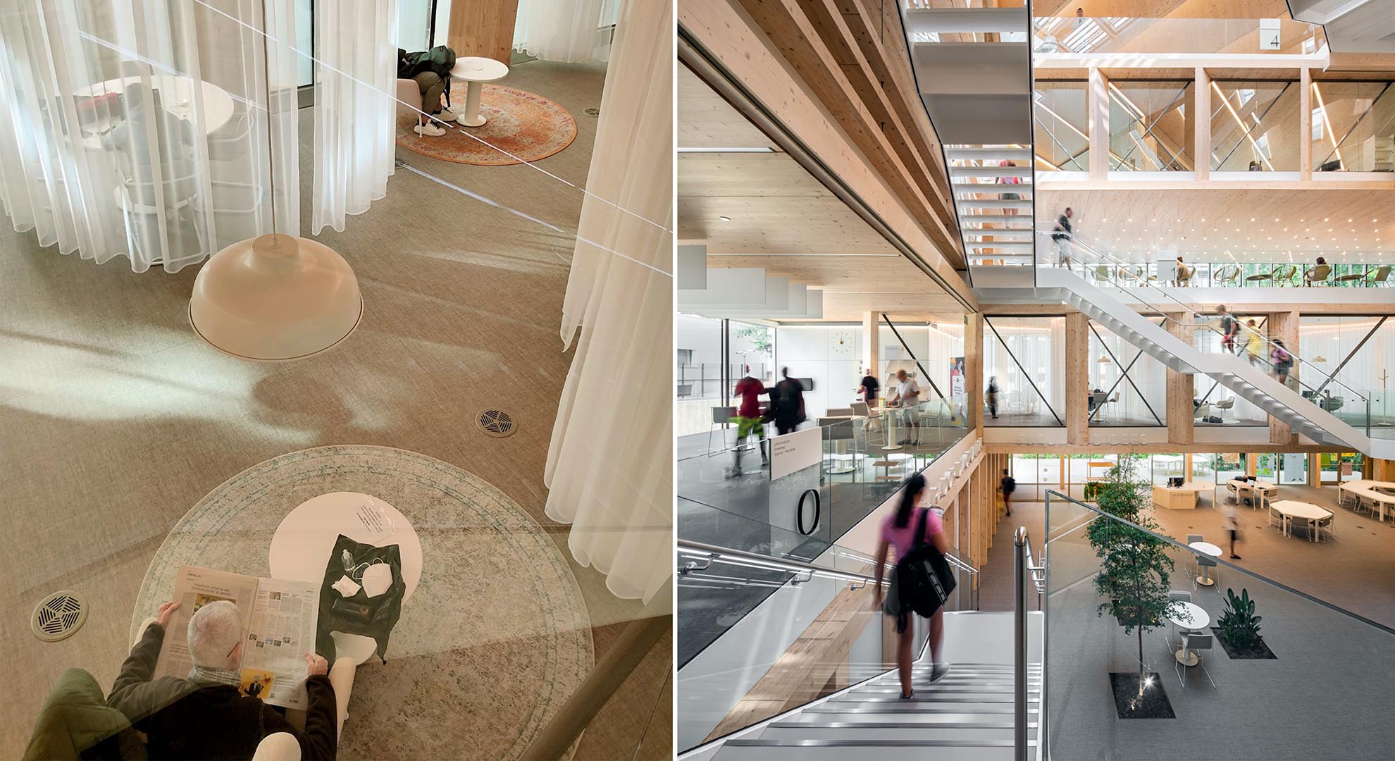 Interior spaces of the Gabriel García Márquez public library in Barcelona, with reading areas and open stairs.