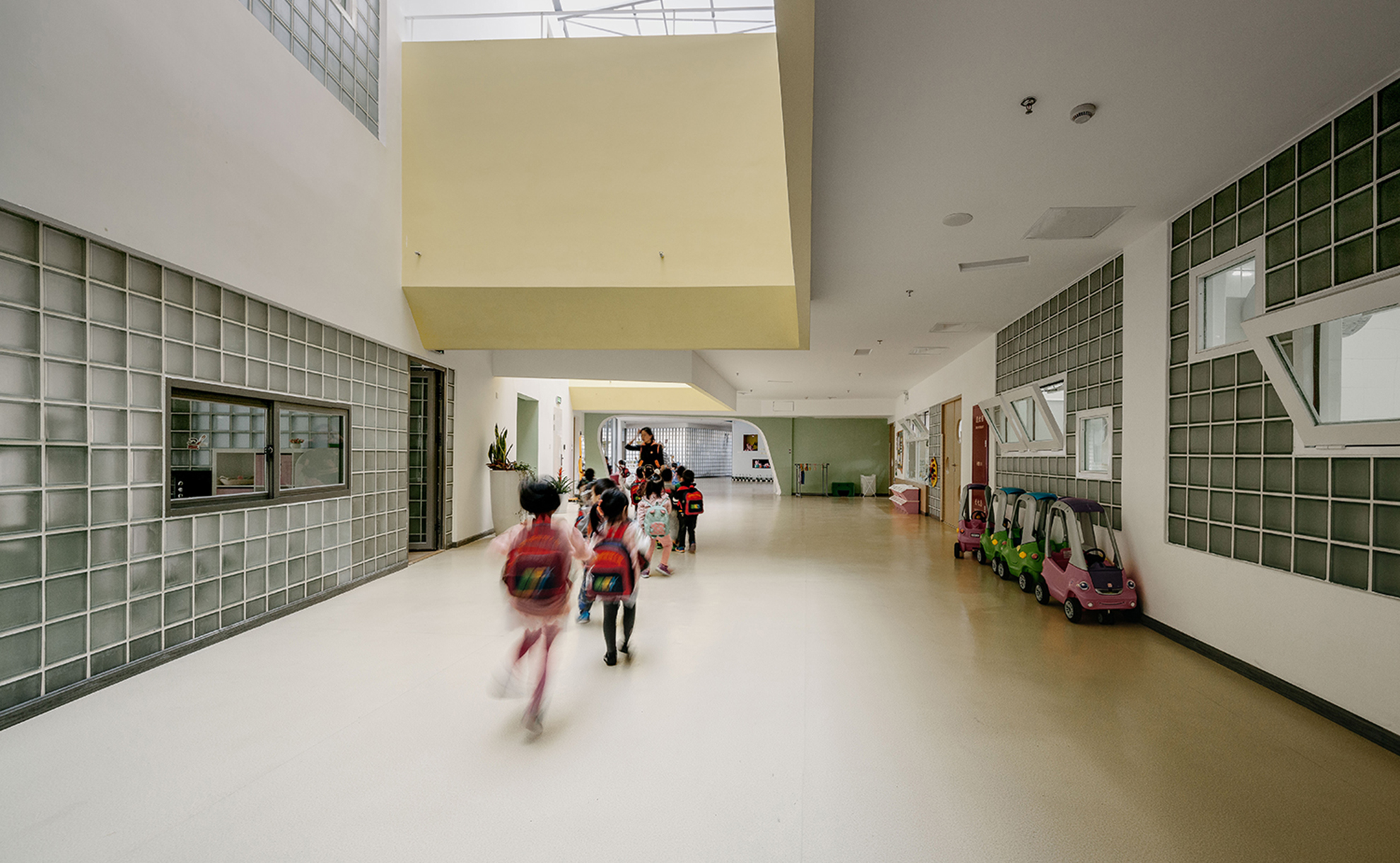 Inner corridor of a kindergarten in Shanghai, designed to encourage movement.