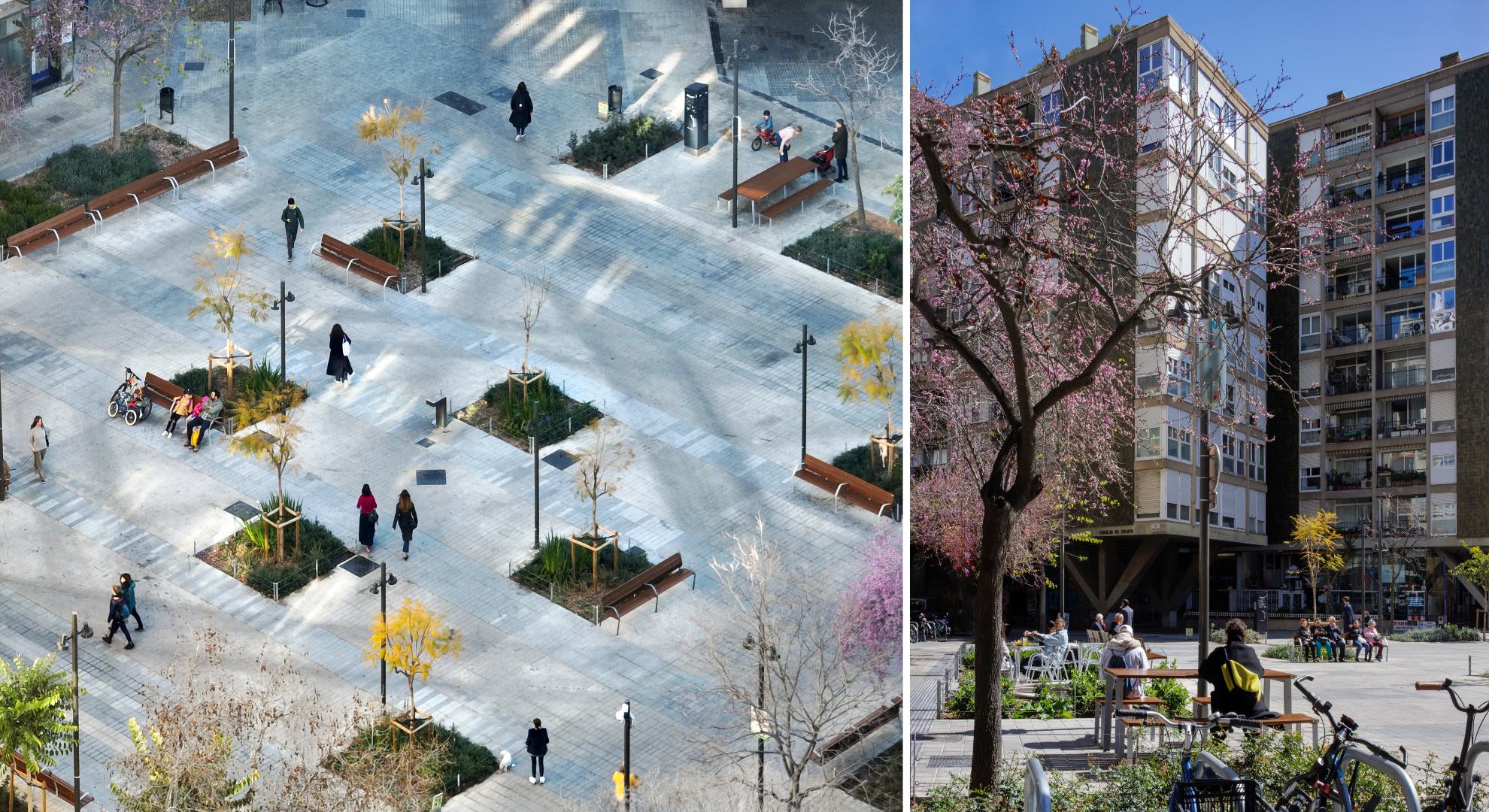 Plaza peatonal con bancos, árboles y áreas de descanso en diseño urbano moderno