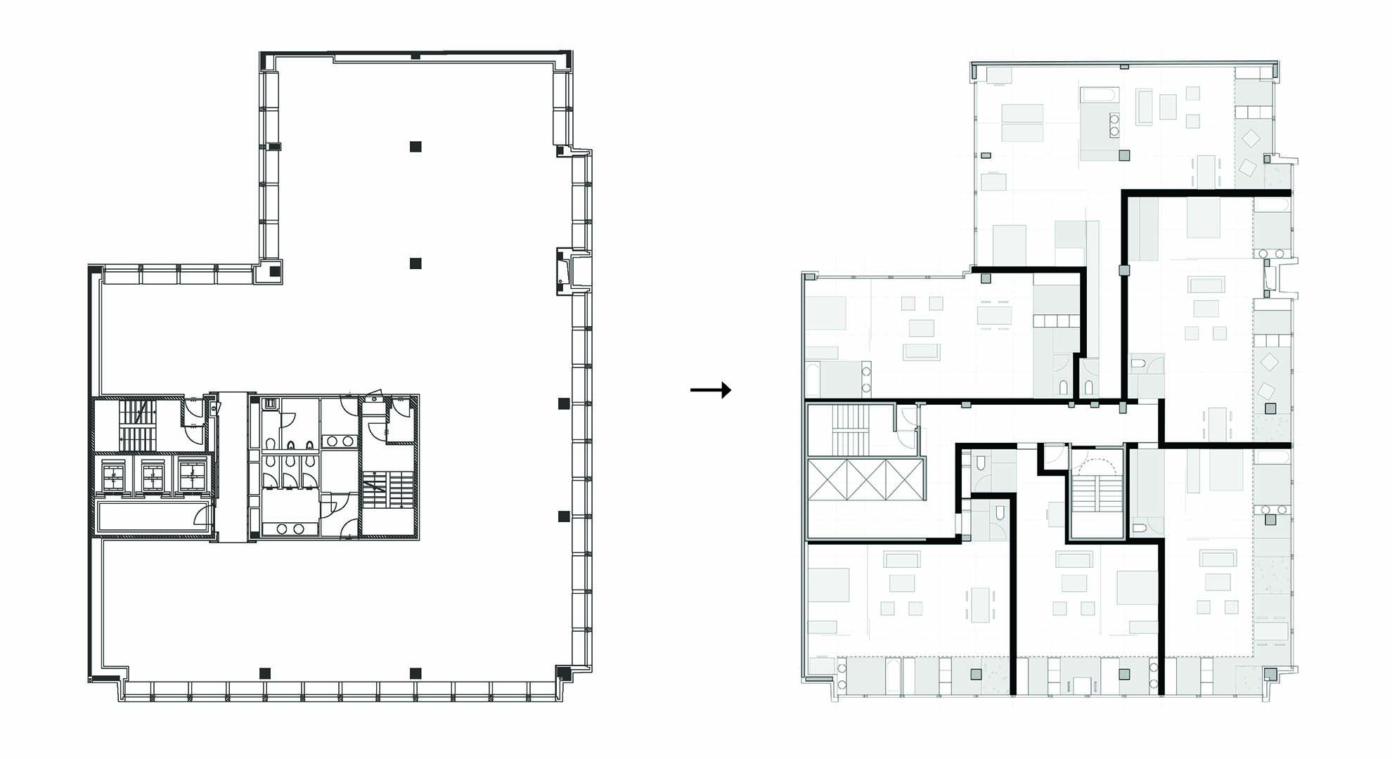 Plans for adaptive reuse of office buildings in Brussels.