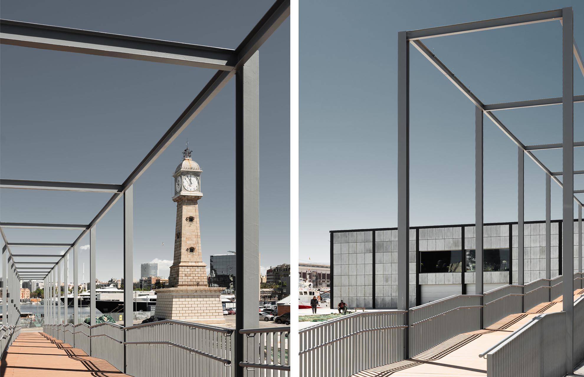 Pedestrian walkway with views of the Clock Tower and the Fish Market, highlighting architectural innovation and public space connectivity.
