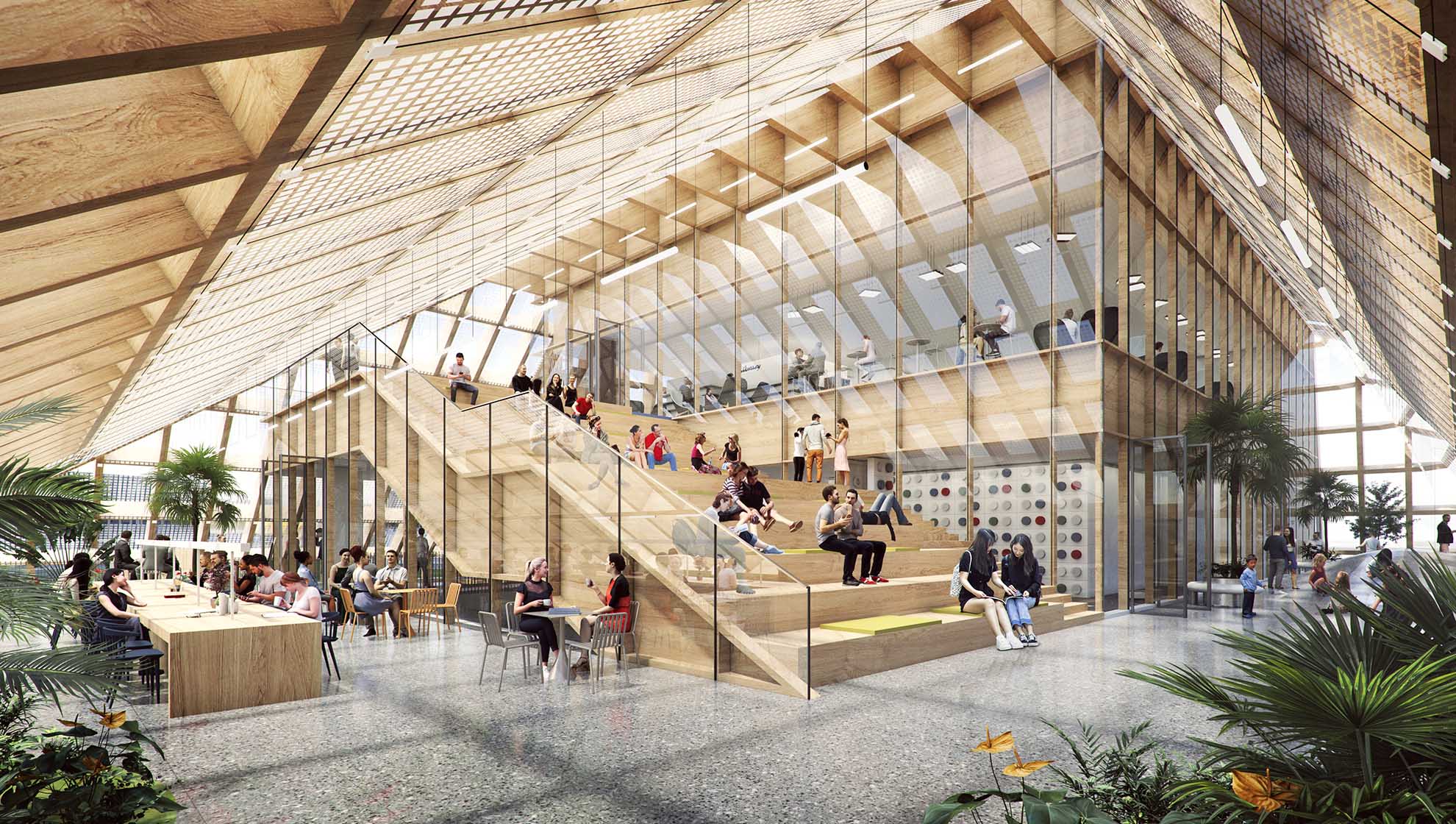 Interior of Sanya Farm Lab with open collaborative spaces, illustrating the fusion of technology and tradition in a sustainable architectural design.