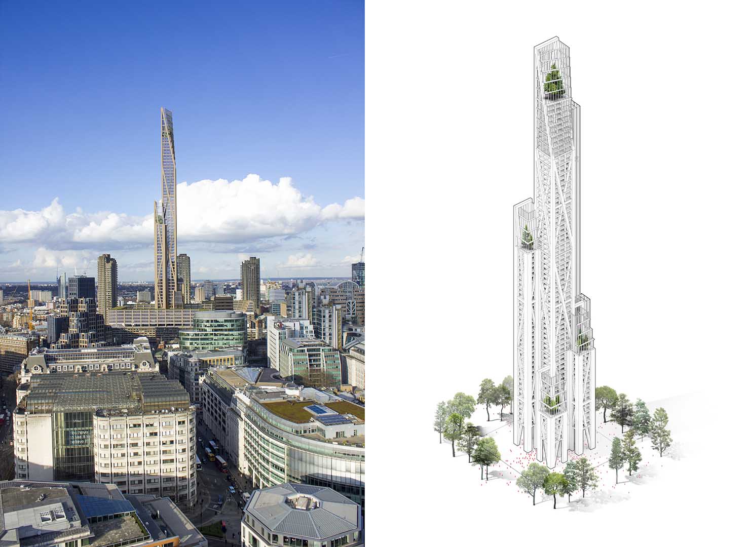 Vista nocturna del rascacielos Oakwood Tower desde el río Támesis. Foto cortesía de PLP Architecture