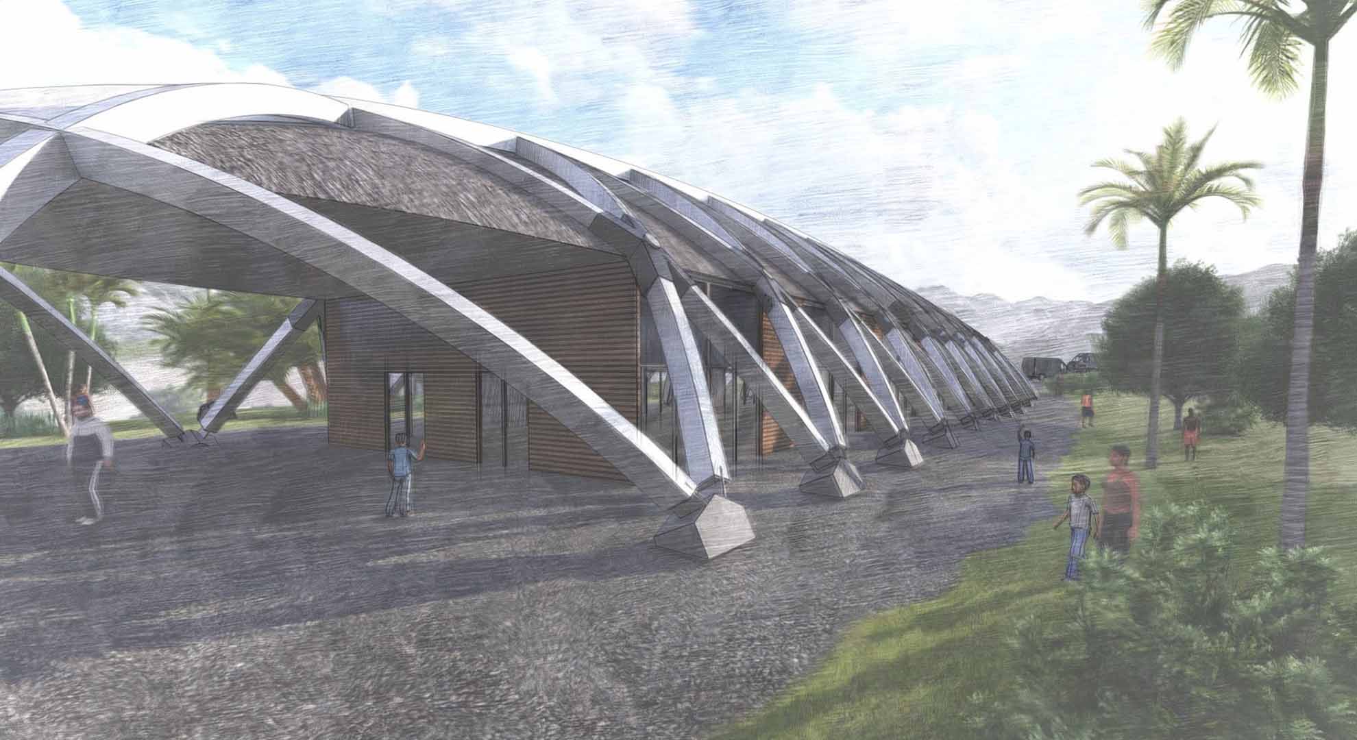 Dibujo del concepto para el núcleo de resiliencia kalinago destinado a centralizar acciones culturales y la mitología del ciempiés. Foto © Illya Azaroff and + LAB Architect PLLC