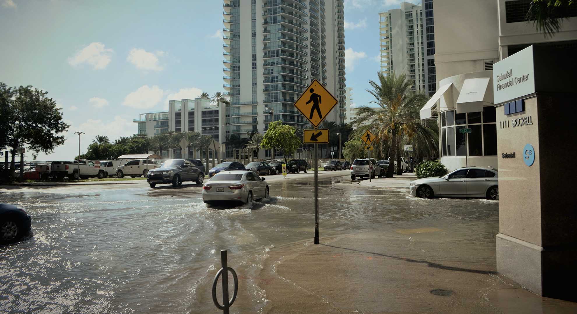 Tidal flooding in Brickell Bay in downtown Miami in October 2016. Photo via Wikimedia Commons